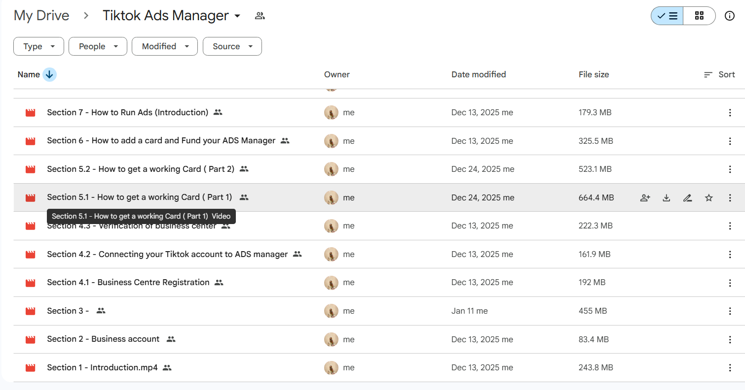 Course folder showing TikTok Ads Manager training modules